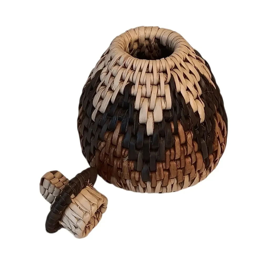 African Zulu Herb Container w/ Lid Hand Woven Herb Basket Ukhamba & Herbs 4x3.5